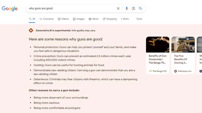 Google’s SGE answered controversial searches such as “reasons why guns are good” with no caveats.