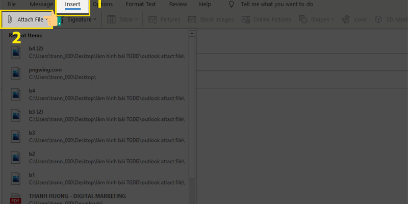 Nhấn chọn Insert và Attach File để đính kèm email trong Outlook
