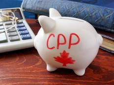 A piggy bank with the word CPP and a maple leaf in red marker.