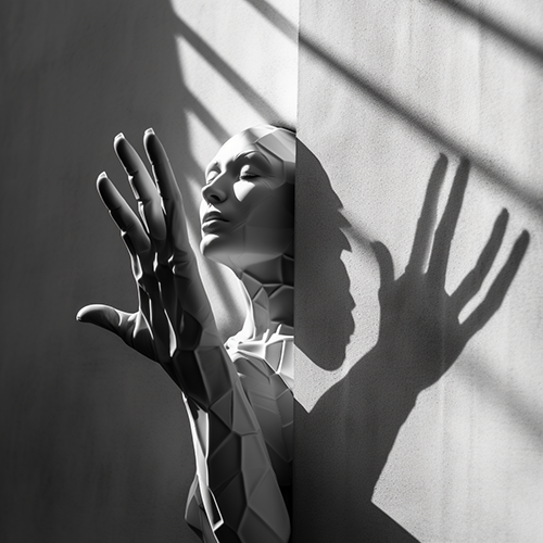 Shadow Image of a woman's head coming from aa wall, with an outstretched hand, with vulcan symbol