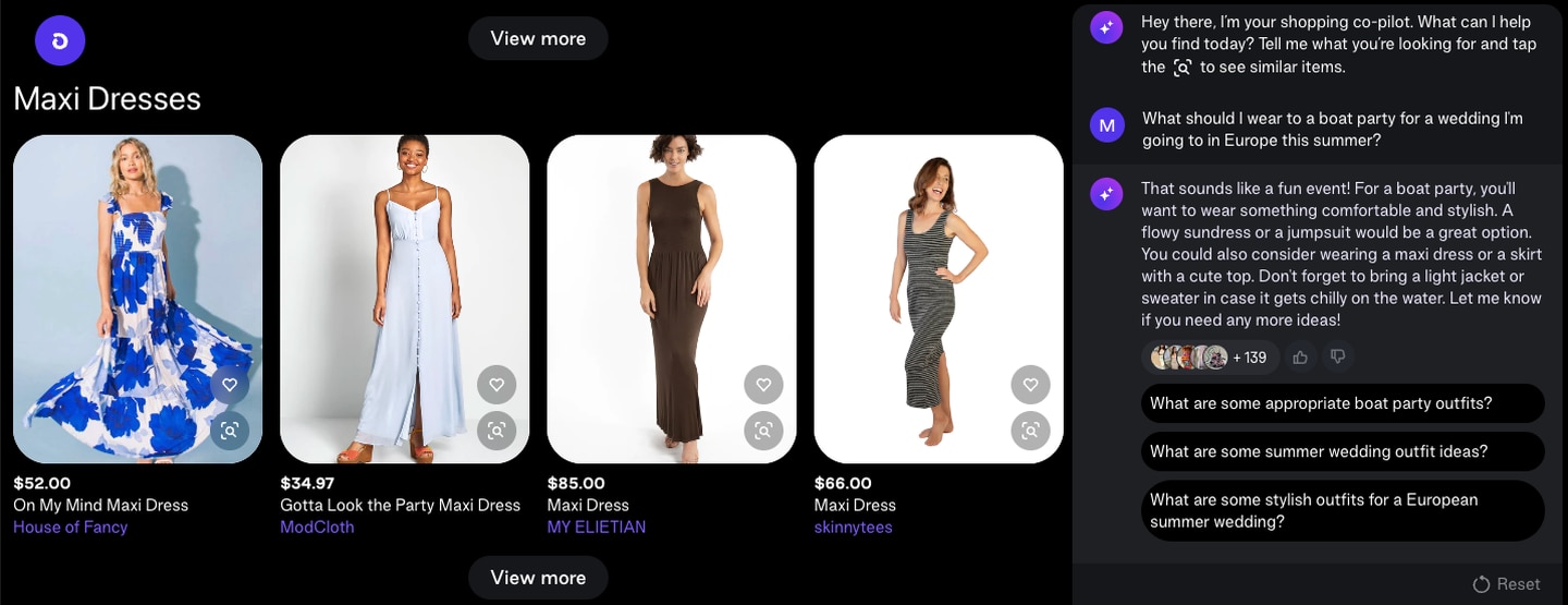 The left side of the screen shows images of maxi dresses and on the right the chatbot suggests wearing something 