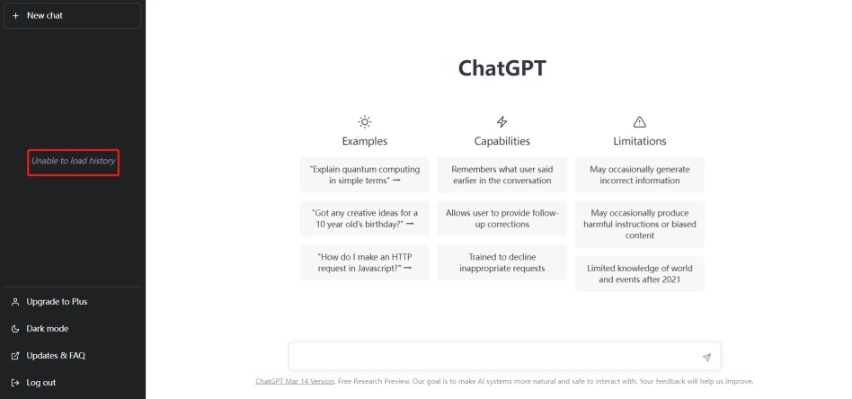 Unable to load history ChatGPT